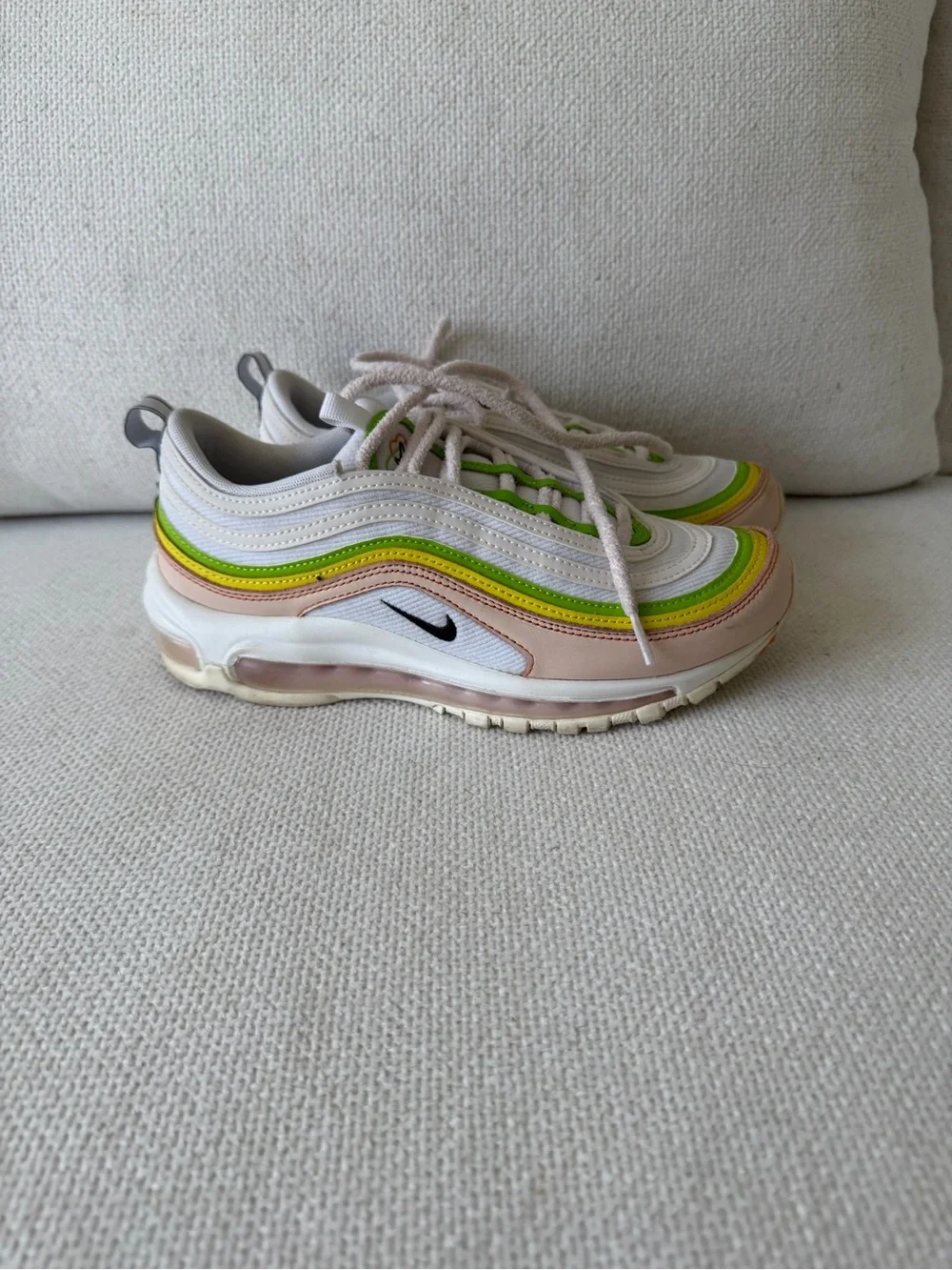 Nike Air Max 97 in Pastel Pink with Green & Yellow Stripes